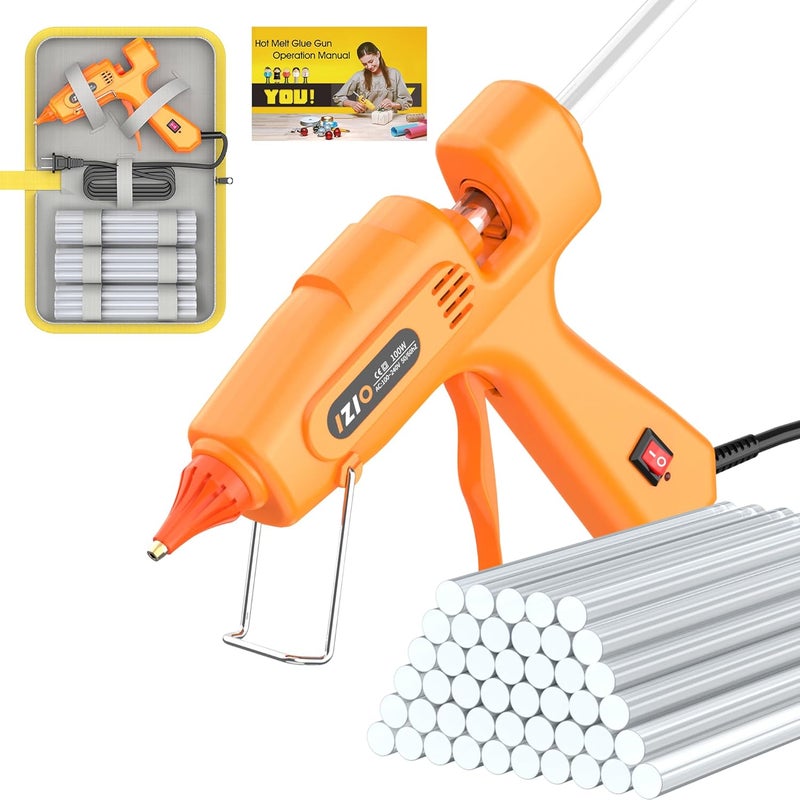 iZiO 100W Professional Hot Glue Gun Kit - Fast Heating, Non-Drip, Anti-Scald Nozzle, Safe & Ergonomic Grip, Includes 21 Glue Sticks (7/16") and Storage Bag - Full Size, Orange - Image 2